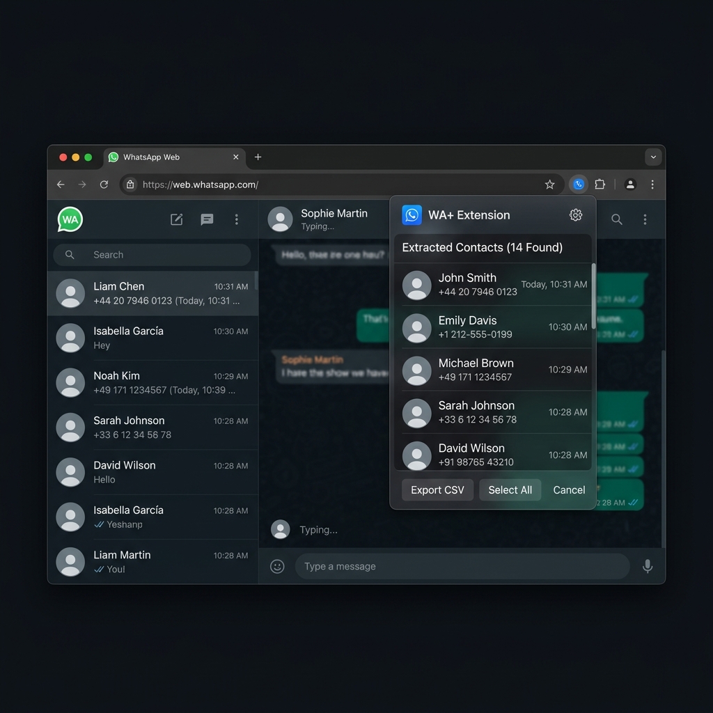 WA+ Extension UI on WhatsApp Web